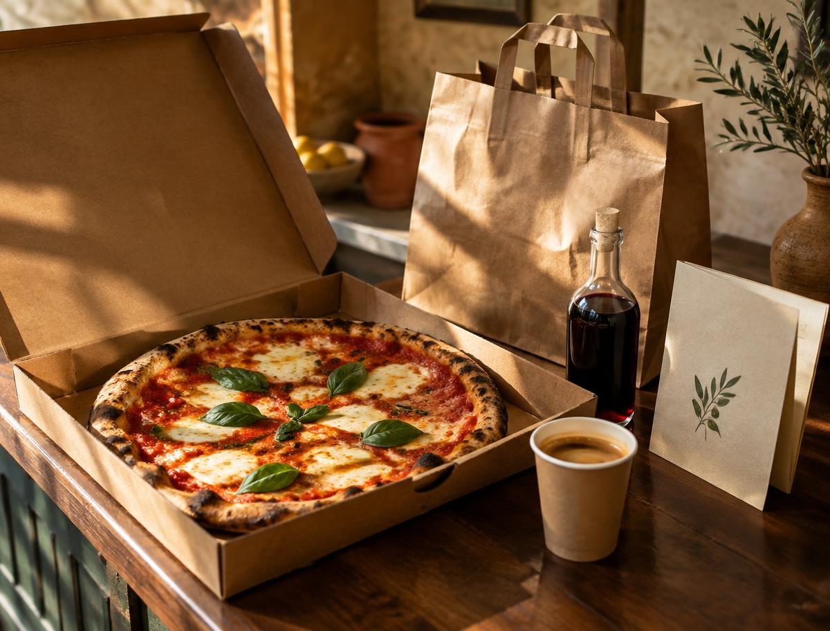 Frisch gepackte Pizza zum Mitnehmen mit einer Flasche Wein und einem Espresso